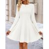 ZESICA Womens Long Sleeve Mini Dress 2026 Fall Crewneck Pleated Babydoll A Line Flowy Wedding Party Short Dresses(White)