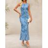 ZESICA Women’s Sleeveless Floral Bodycon Maxi Dress 2026 Summer Ruched Mesh Wedding Guest Cocktail Party Dresses(Blue)