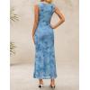 ZESICA Women’s Sleeveless Floral Bodycon Maxi Dress 2026 Summer Ruched Mesh Wedding Guest Cocktail Party Dresses(Blue)