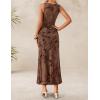 ZESICA Women’s Sleeveless Floral Bodycon Maxi Dress 2026 Summer Ruched Mesh Wedding Guest Cocktail Party Dresses(Brown)