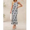 ZESICA Women’s Sleeveless Floral Bodycon Maxi Dress 2026 Summer Ruched Mesh Wedding Guest Cocktail Party Dresses(White)