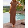 ZESICA Womens Spring Casual Bodycon Maxi Dress 2026 Summer Business Casual Short Sleeve Crewneck Knit Slit Vacation Dresses(Brown)