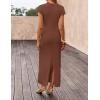 ZESICA Womens Spring Casual Bodycon Maxi Dress 2026 Summer Business Casual Short Sleeve Crewneck Knit Slit Vacation Dresses(Brown)