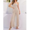 ZESICA Women’s Strapless Jumpsuit Casual Off Shoulder High Waist Wide Leg Side Slit Long Romper Playsuits with Pockets(Greyapricot)