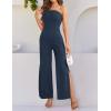 ZESICA Women’s Strapless Jumpsuit Casual Off Shoulder High Waist Wide Leg Side Slit Long Romper Playsuits with Pockets(Navy)