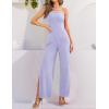 ZESICA Women’s Strapless Jumpsuit Casual Off Shoulder High Waist Wide Leg Side Slit Long Romper Playsuits with Pockets(Purple)