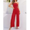 ZESICA Women’s Strapless Jumpsuit Casual Off Shoulder High Waist Wide Leg Side Slit Long Romper Playsuits with Pockets(Red)