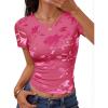 ZESICA Women’s 2026 Summer Short Sleeve Crewneck Mesh Slim Fit Shirts Casual Going Out Floral Crop Tops Trendy Clothes(Rose)