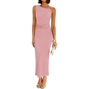 ZESICA Women’s 2026 Summer Maxi Dress Sleeveless Ruched Elegant Wedding Guest Cocktail Formal Bodycon Long Dresses(Pink)