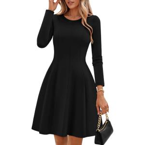 ZESICA Womens Long Sleeve Mini Dress 2026 Fall Crewneck Pleated Babydoll A Line Flowy Wedding Party Short Dresses(Black)