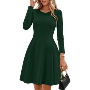 ZESICA Womens Long Sleeve Mini Dress 2026 Fall Crewneck Pleated Babydoll A Line Flowy Wedding Party Short Dresses(Darkgreen)