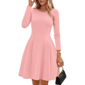 ZESICA Womens Long Sleeve Mini Dress 2026 Fall Crewneck Pleated Babydoll A Line Flowy Wedding Party Short Dresses(Pink)