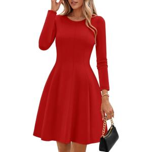 ZESICA Womens Long Sleeve Mini Dress 2026 Fall Crewneck Pleated Babydoll A Line Flowy Wedding Party Short Dresses(Red)