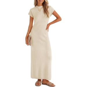 ZESICA Womens Spring Casual Bodycon Maxi Dress 2026 Summer Business Casual Short Sleeve Crewneck Knit Slit Vacation Dresses(Apricot)