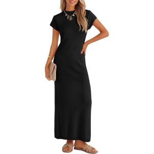 ZESICA Womens Spring Casual Bodycon Maxi Dress 2026 Summer Business Casual Short Sleeve Crewneck Knit Slit Vacation Dresses(Black)