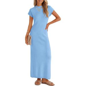 ZESICA Womens Spring Casual Bodycon Maxi Dress 2026 Summer Business Casual Short Sleeve Crewneck Knit Slit Vacation Dresses(Blue)