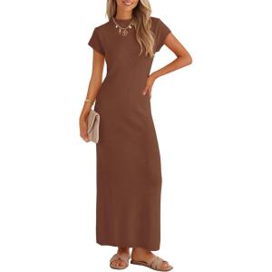ZESICA Womens Spring Casual Bodycon Maxi Dress 2026 Summer Business Casual Short Sleeve Crewneck Knit Slit Vacation Dresses(Brown)