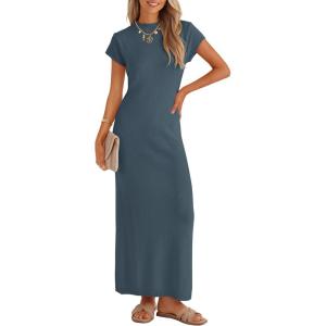 ZESICA Womens Spring Casual Bodycon Maxi Dress 2026 Summer Business Casual Short Sleeve Crewneck Knit Slit Vacation Dresses(Dusty Blue)
