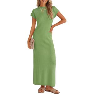 ZESICA Womens Spring Casual Bodycon Maxi Dress 2026 Summer Business Casual Short Sleeve Crewneck Knit Slit Vacation Dresses(Green)
