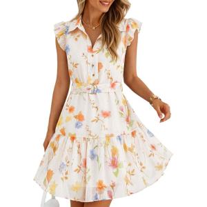 ZESICA Womens Summer Boho Floral Mini Dress 2026 Flutter Short Sleeve Button Chiffon A Line Beach Vacation Party Dresses(Apricot)
