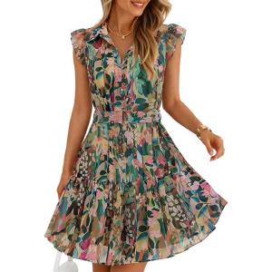 ZESICA Womens Summer Boho Floral Mini Dress 2026 Flutter Short Sleeve Button Chiffon A Line Beach Vacation Party Dresses(Darkgreen)