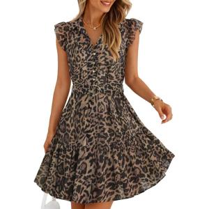 ZESICA Womens Summer Boho Floral Mini Dress 2026 Flutter Short Sleeve Button Chiffon A Line Beach Vacation Party Dresses(Leopard)
