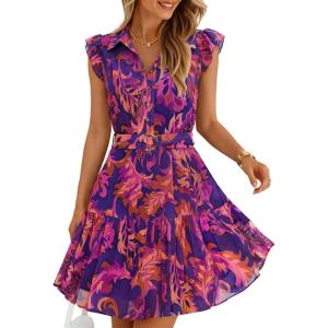 ZESICA Womens Summer Boho Floral Mini Dress 2026 Flutter Short Sleeve Button Chiffon A Line Beach Vacation Party Dresses(Purple)