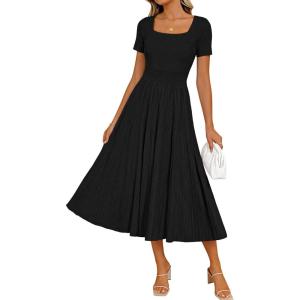 ZESICA Womens Summer Pleated Midi Dress 2026 Spring Business Casual Short Sleeve A-Line Elegant Wedding Guest Party Dresses(Black)