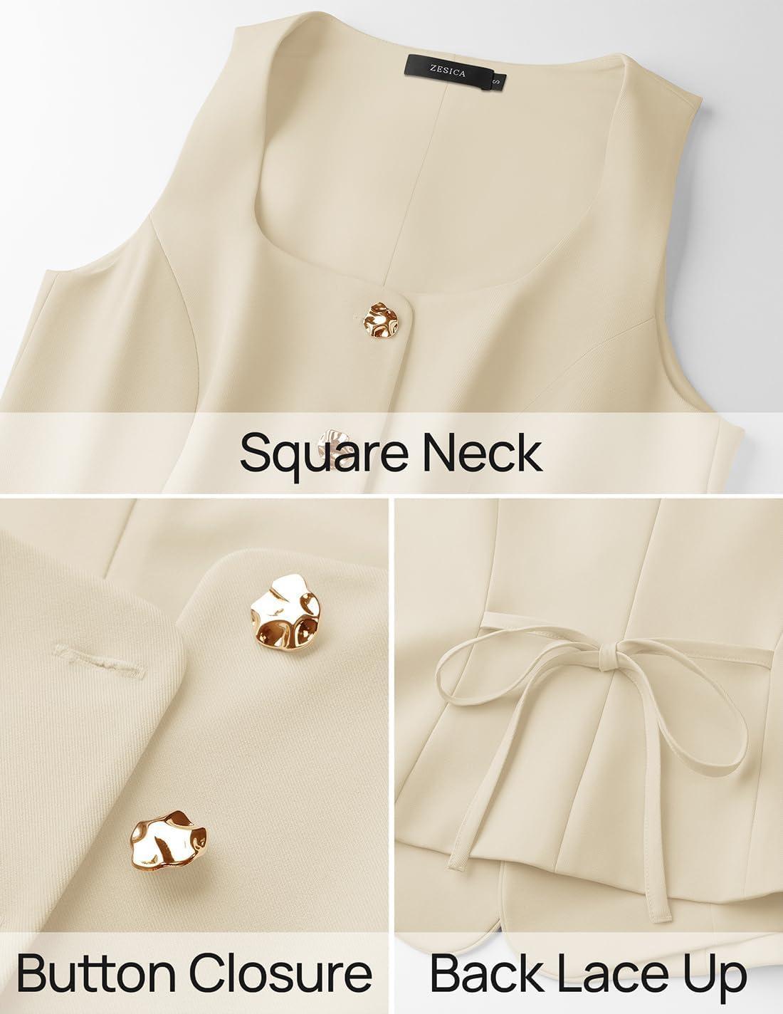 imageZESICA 2026 Summer Casual Sleeveless Suit Vest for Women Square Neck Button Down Work Business Blazer Vests WaistcoatApricot
