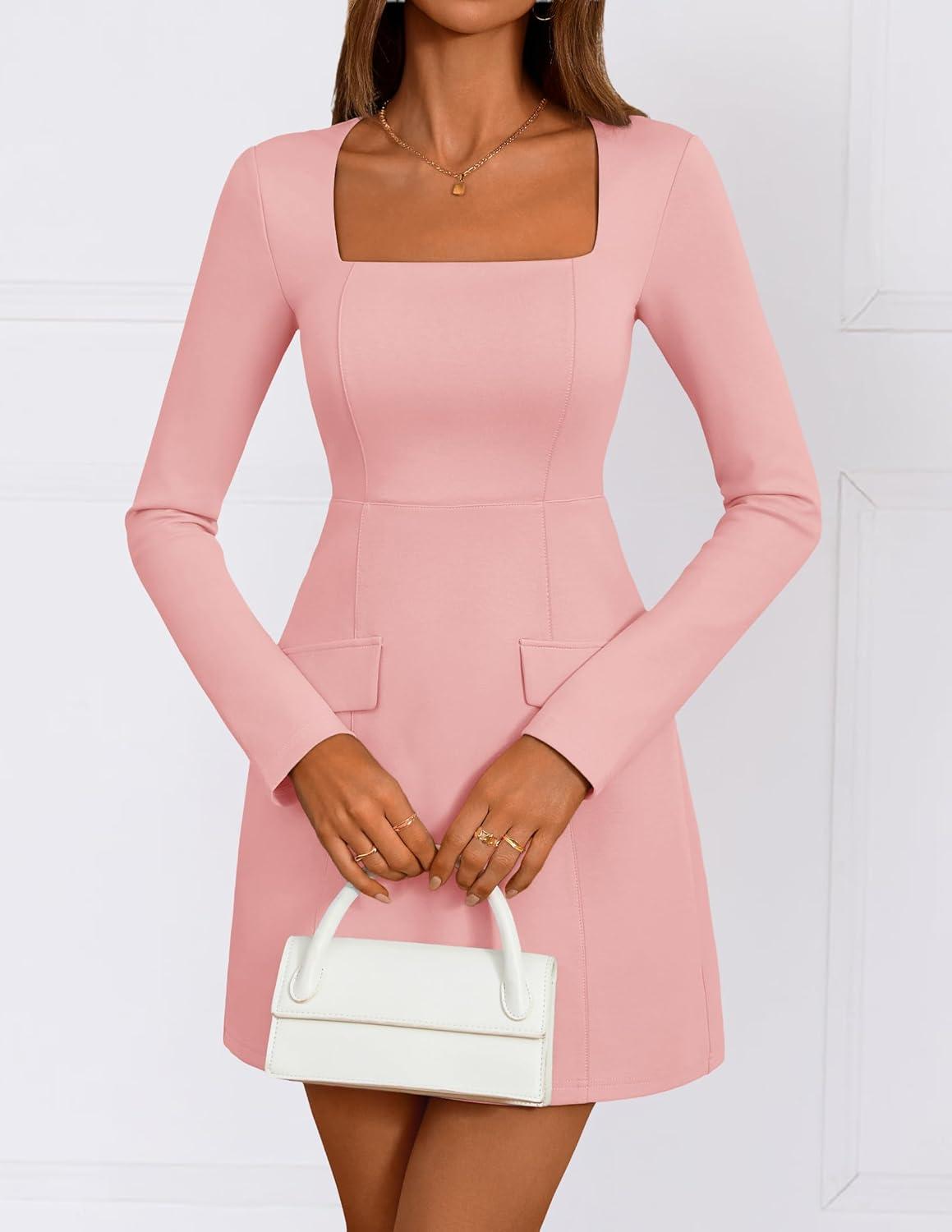 imageZESICA Womens 2026 Spring Long Sleeve Bodycon Mini Dress Casual Square Neck Slim Fit Cocktail Party Short DressesPink