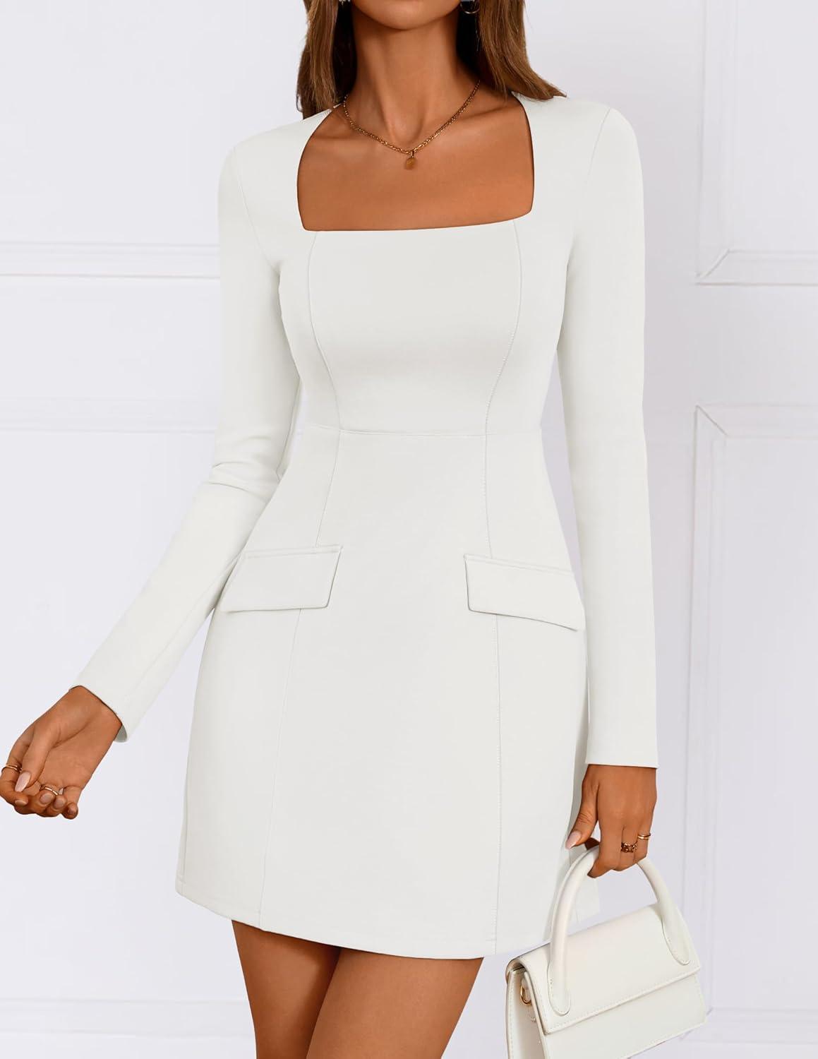 imageZESICA Womens 2026 Spring Long Sleeve Bodycon Mini Dress Casual Square Neck Slim Fit Cocktail Party Short DressesWhite