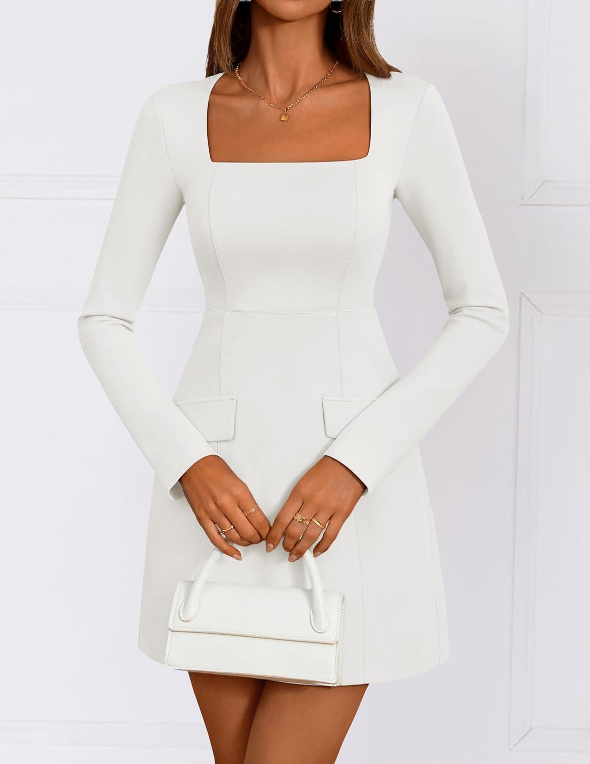 imageZESICA Womens 2026 Spring Long Sleeve Bodycon Mini Dress Casual Square Neck Slim Fit Cocktail Party Short DressesWhite