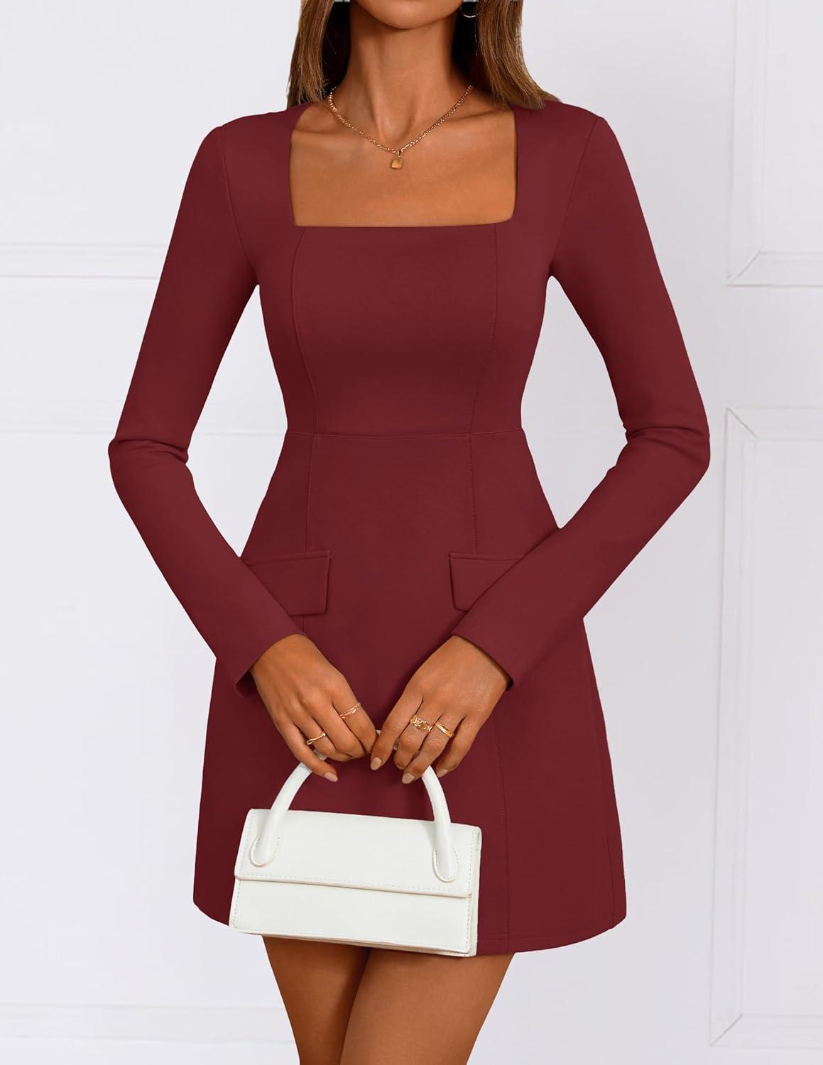 imageZESICA Womens 2026 Spring Long Sleeve Bodycon Mini Dress Casual Square Neck Slim Fit Cocktail Party Short DressesWine
