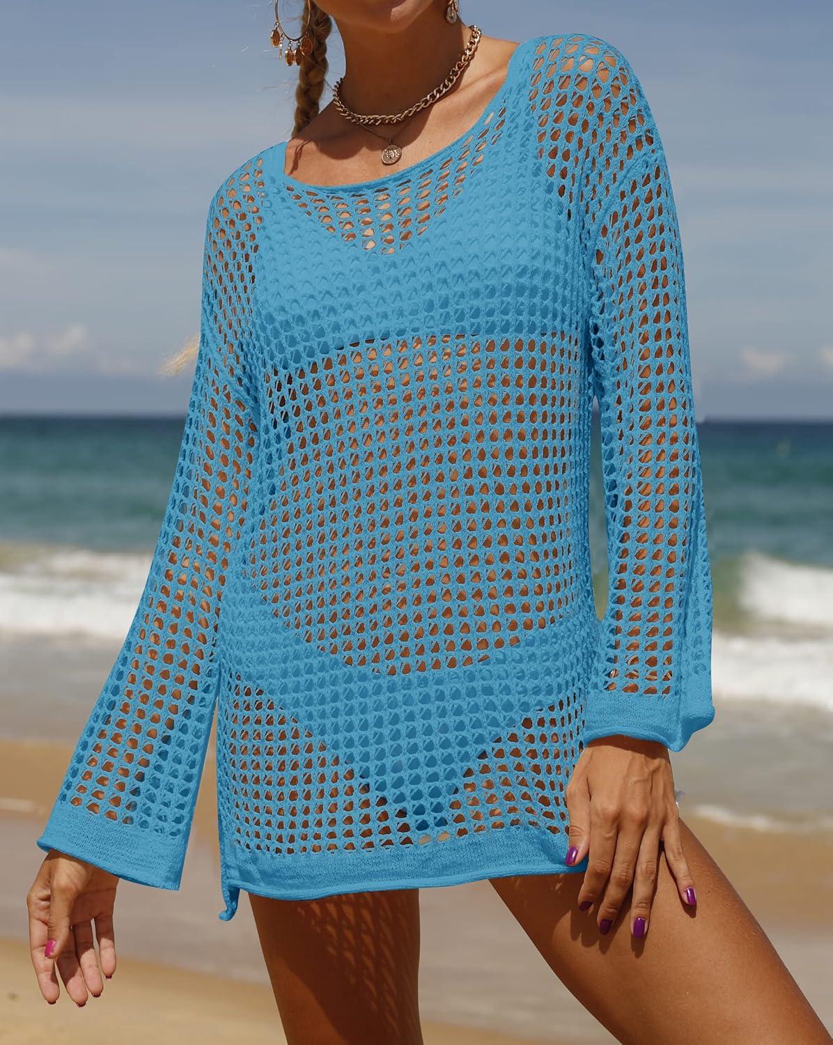 imageZESICA Womens 2026 Summer Crochet Hollow Out Long Sleeve Beach Bikini Swimsuit Mesh Cover Up Tunic TopLakeblue