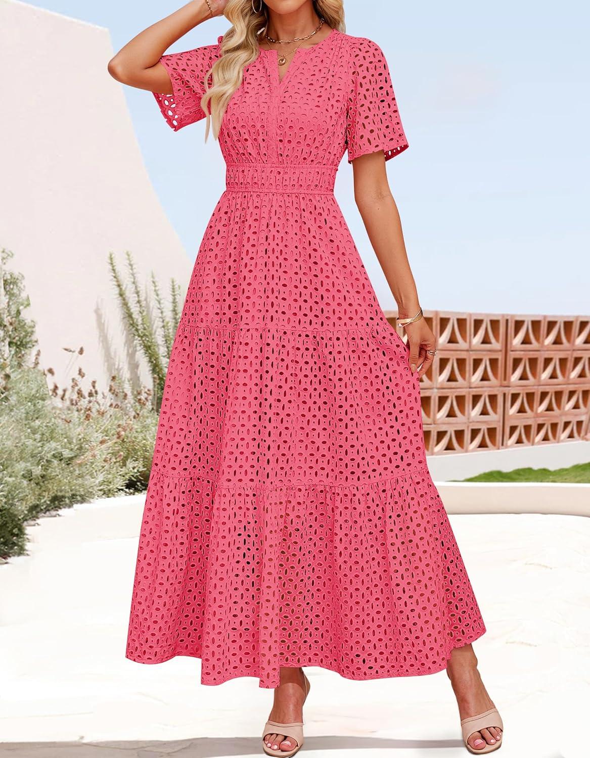 imageZESICA Womens 2026 Summer Short Sleeve Maxi Dress Casual V Neck Hollow Out Eyelet Ruffle Swing A Line Long DressesHotpink