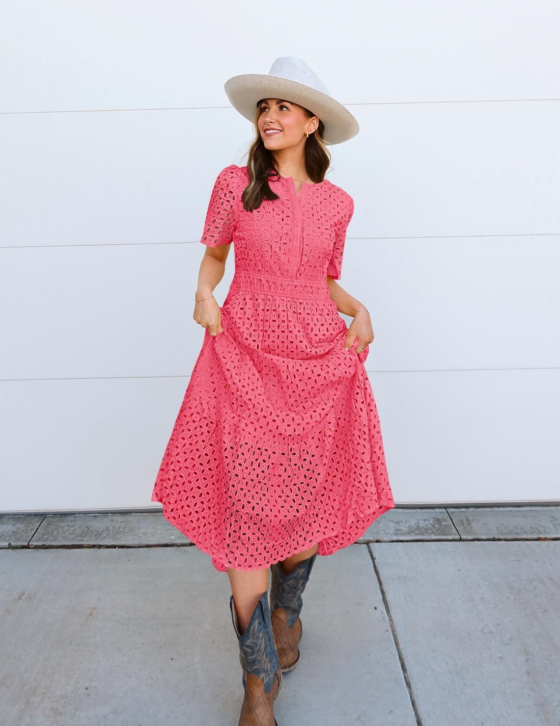 imageZESICA Womens 2026 Summer Short Sleeve Maxi Dress Casual V Neck Hollow Out Eyelet Ruffle Swing A Line Long DressesHotpink
