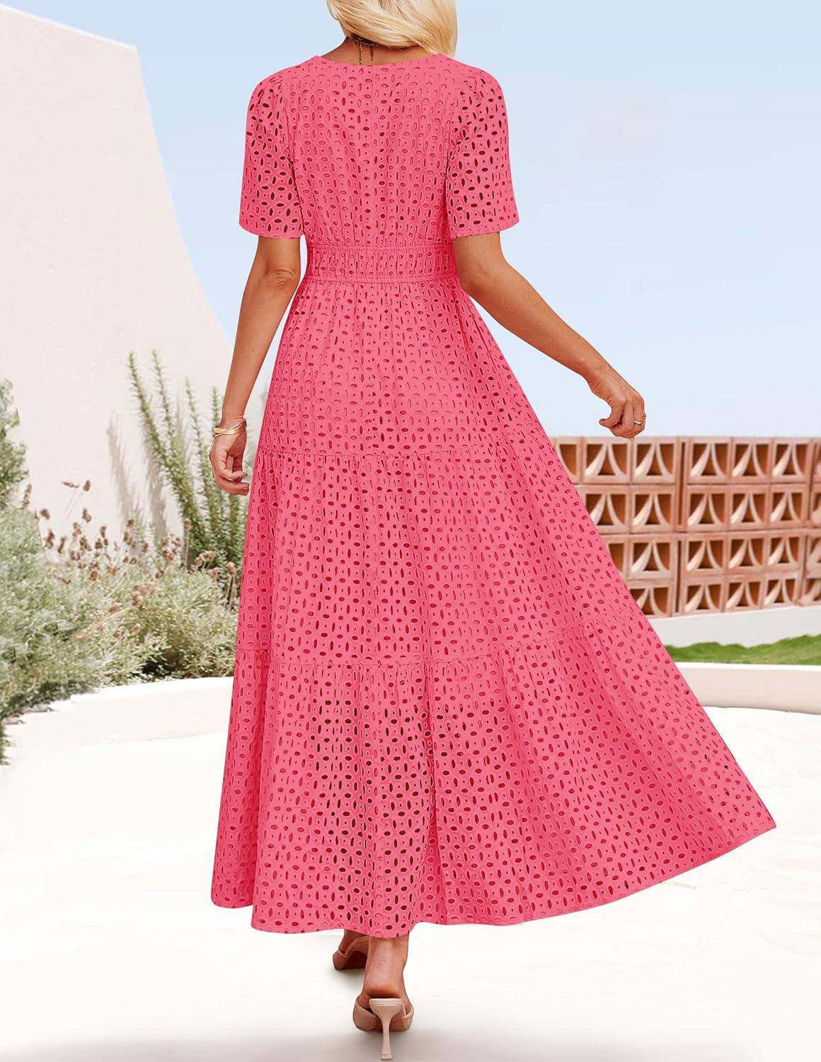 imageZESICA Womens 2026 Summer Short Sleeve Maxi Dress Casual V Neck Hollow Out Eyelet Ruffle Swing A Line Long DressesHotpink