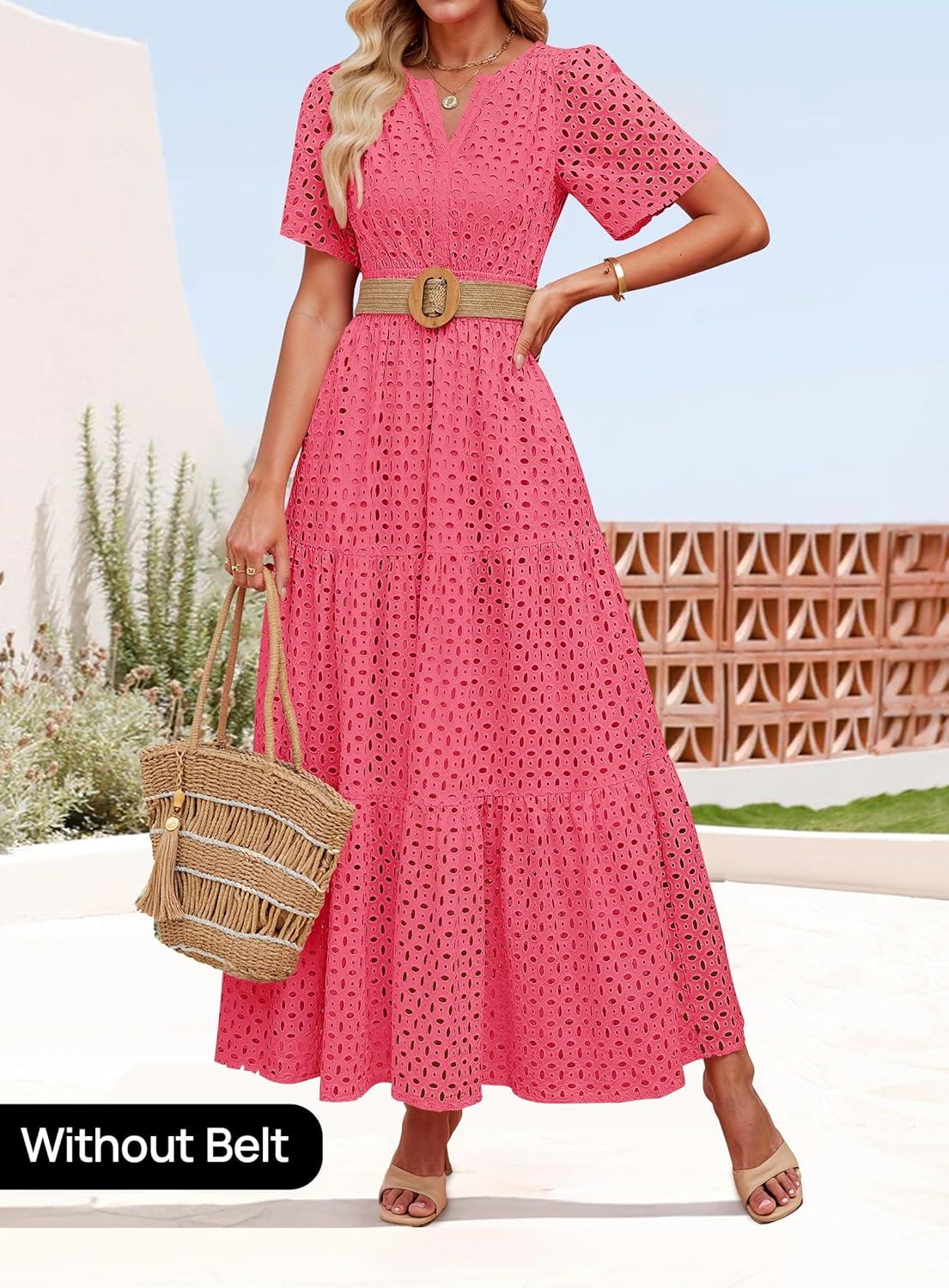 imageZESICA Womens 2026 Summer Short Sleeve Maxi Dress Casual V Neck Hollow Out Eyelet Ruffle Swing A Line Long DressesHotpink