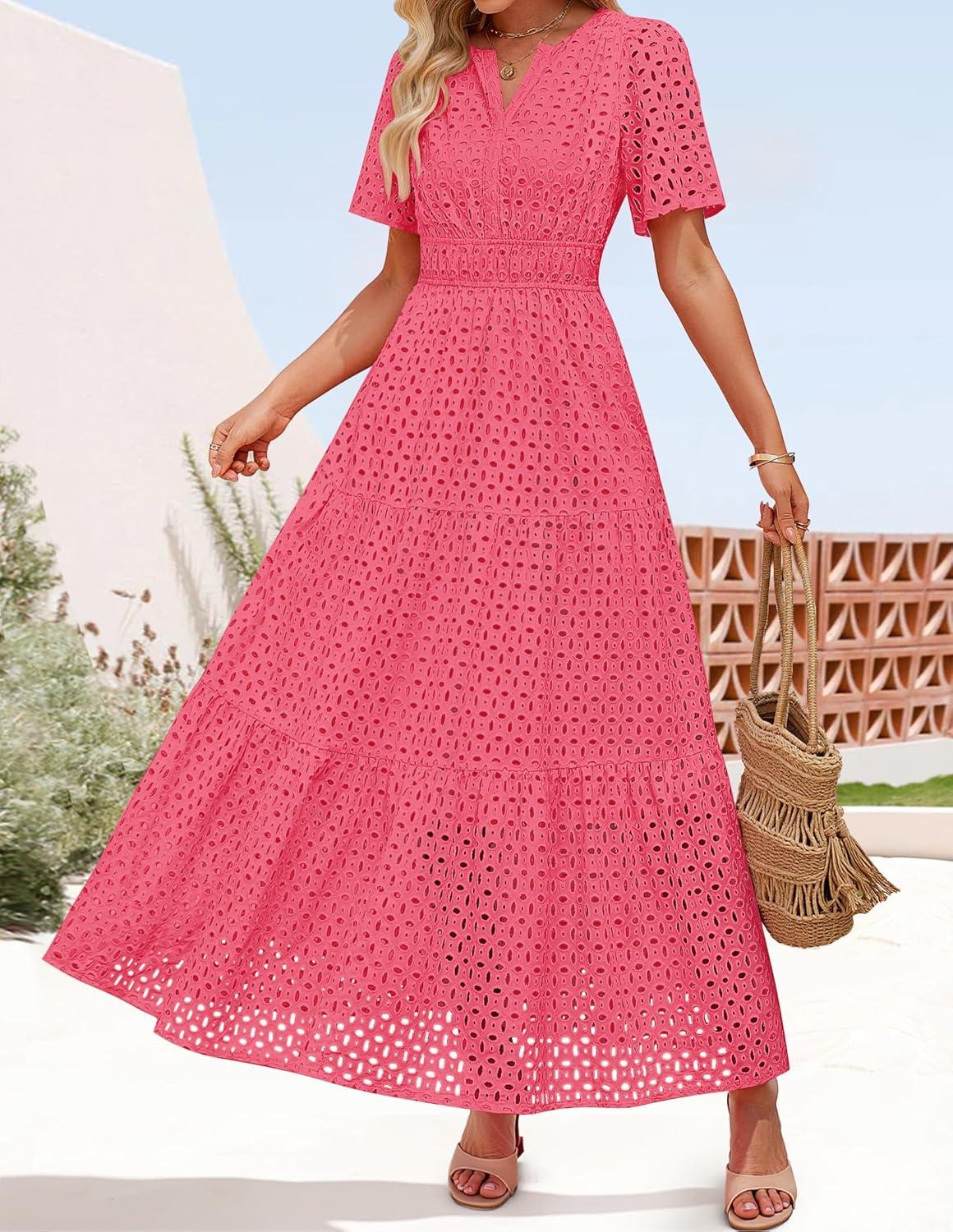 imageZESICA Womens 2026 Summer Short Sleeve Maxi Dress Casual V Neck Hollow Out Eyelet Ruffle Swing A Line Long DressesHotpink
