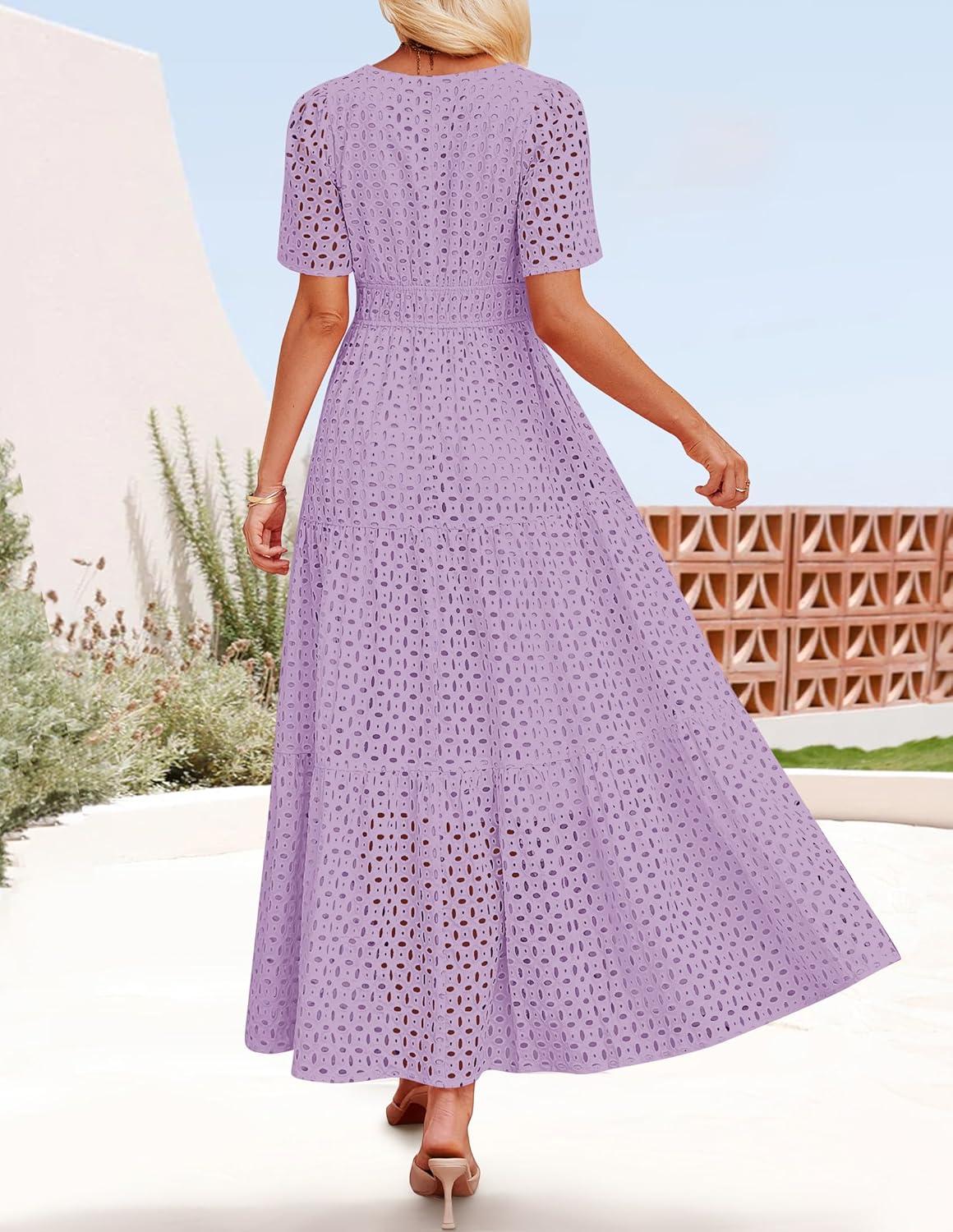 imageZESICA Womens 2026 Summer Short Sleeve Maxi Dress Casual V Neck Hollow Out Eyelet Ruffle Swing A Line Long DressesLightpurple