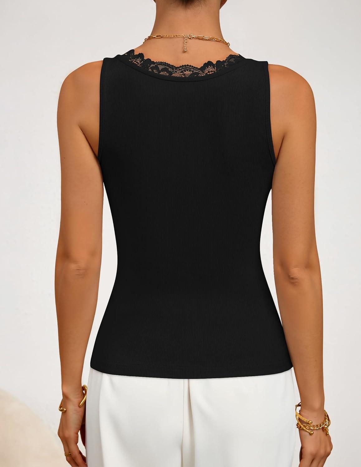 imageZESICA Womens 2026 Summer V Neck Tank Tops Spring Sleeveless Lace Trim Ribbed Knit Casual Going Out Cami ShirtsBlack