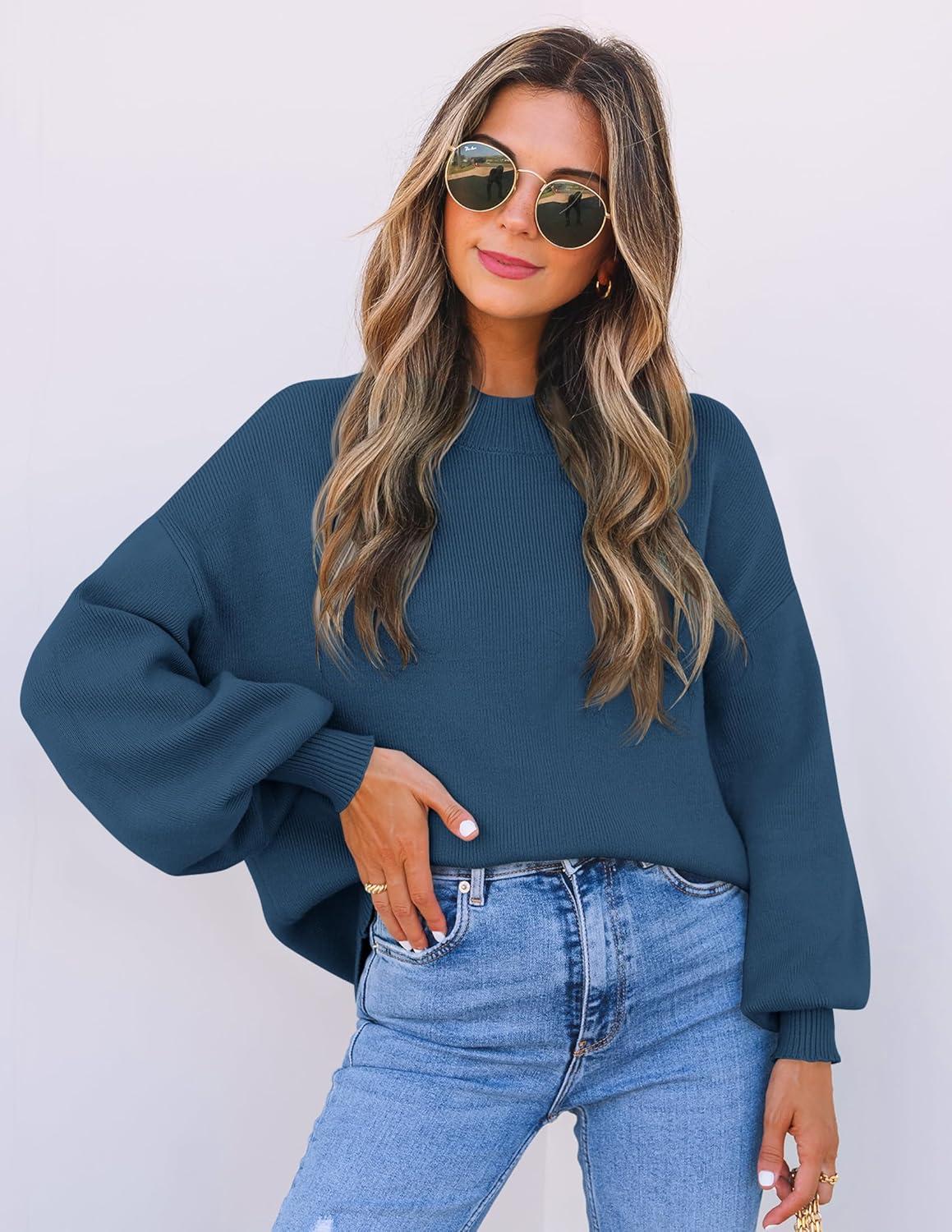 imageZESICA Womens Casual Turtleneck Long Lantern Sleeve Fall 2026 Oversized Ribbed Knit Pullover Sweater Jumper TopRoyalblue