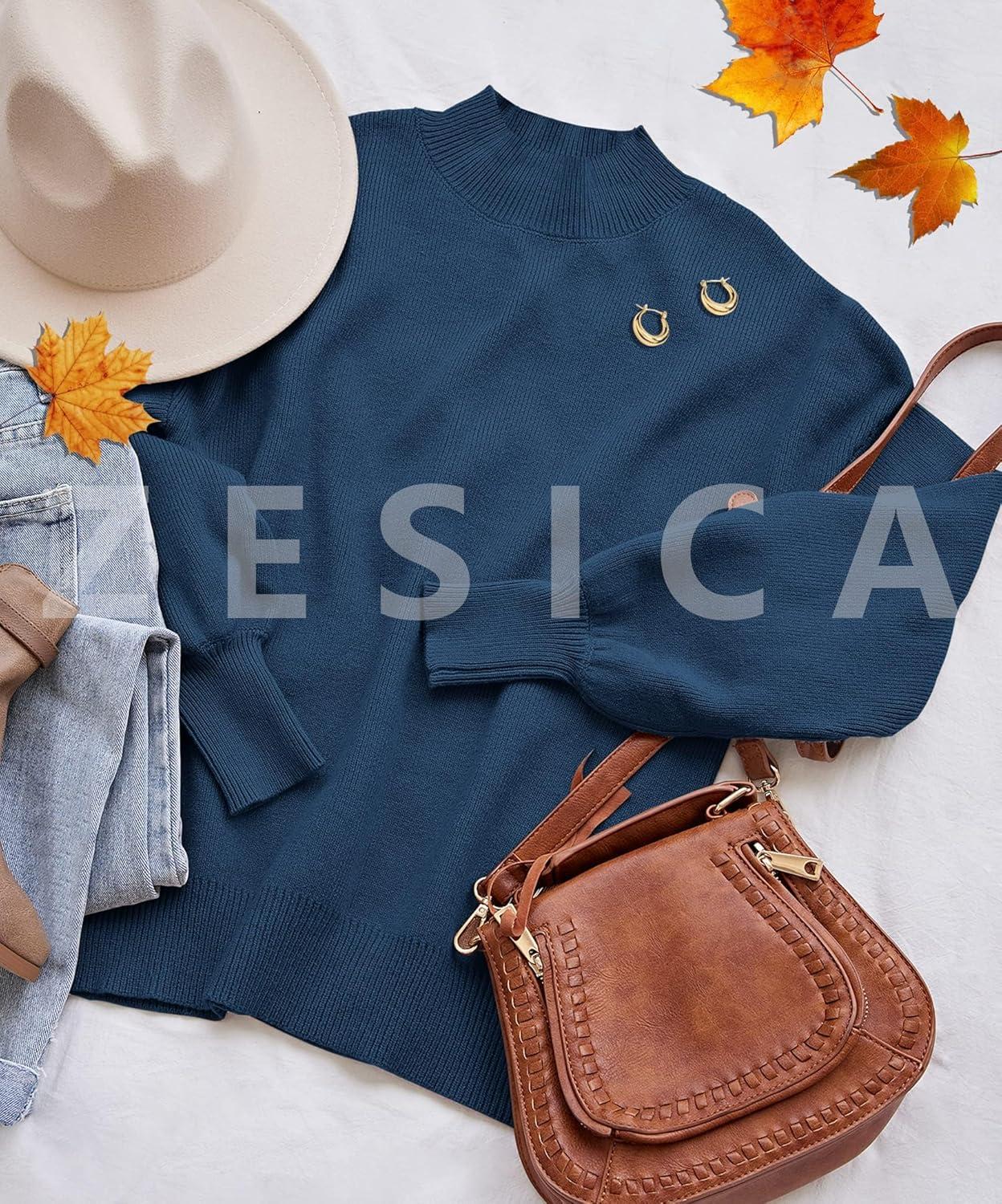 imageZESICA Womens Casual Turtleneck Long Lantern Sleeve Fall 2026 Oversized Ribbed Knit Pullover Sweater Jumper TopRoyalblue