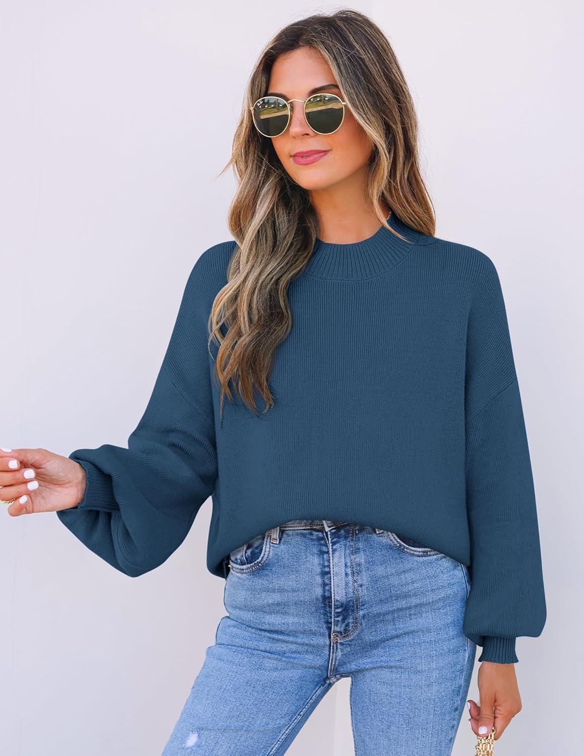 imageZESICA Womens Casual Turtleneck Long Lantern Sleeve Fall 2026 Oversized Ribbed Knit Pullover Sweater Jumper TopRoyalblue