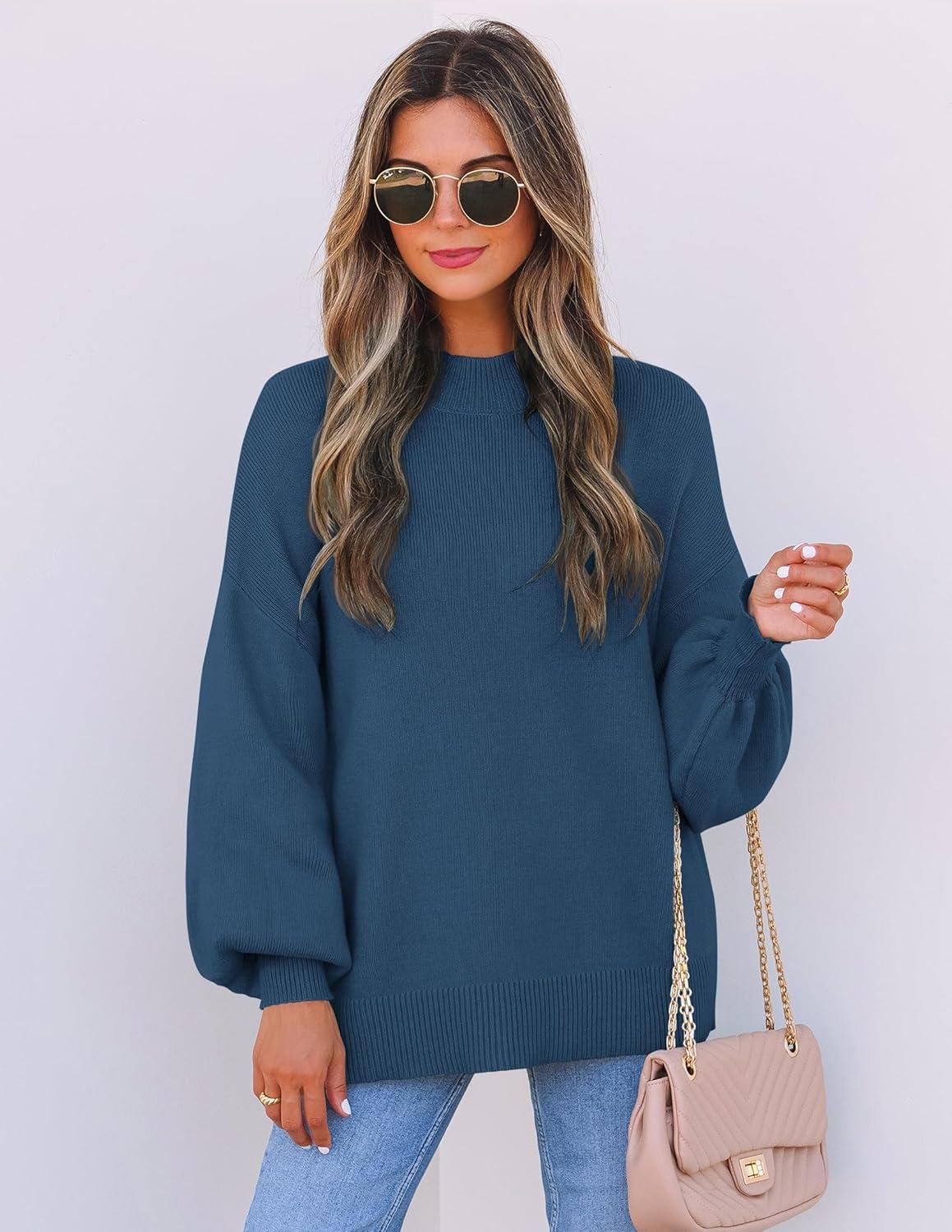 imageZESICA Womens Casual Turtleneck Long Lantern Sleeve Fall 2026 Oversized Ribbed Knit Pullover Sweater Jumper TopRoyalblue