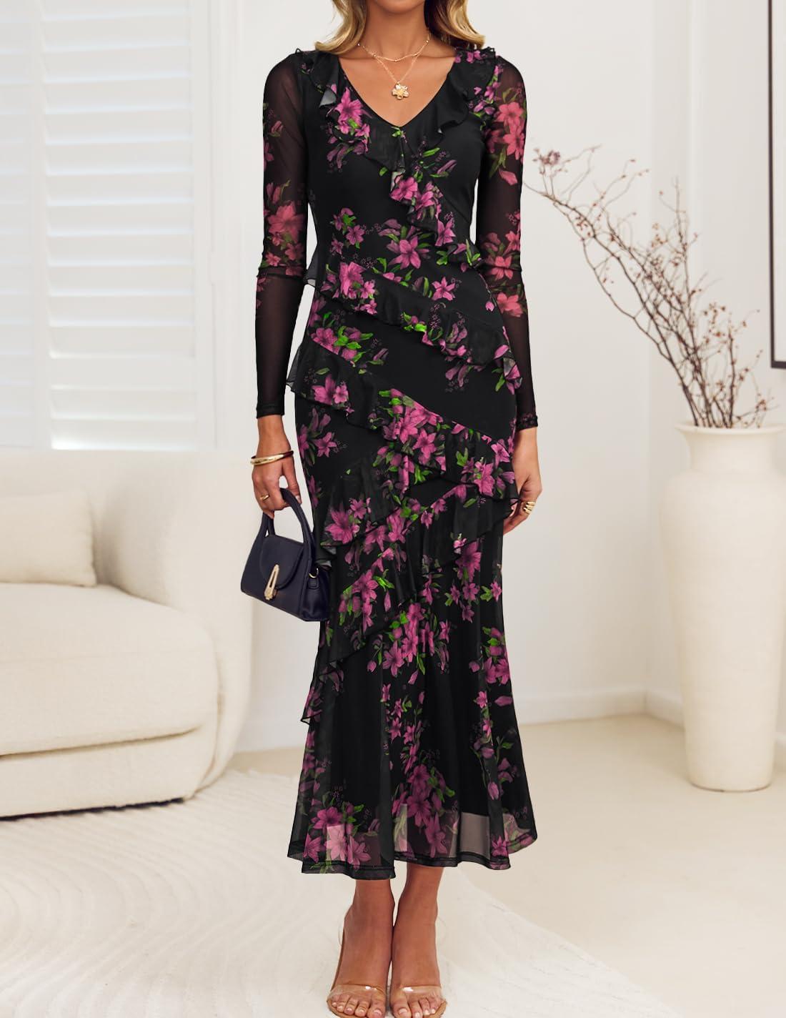 imageZESICA Womens Fall Floral Long Sleeve Maxi Dress 2026 Boho Bodycon V Neck Ruffle Wedding Party Long DressesBlack