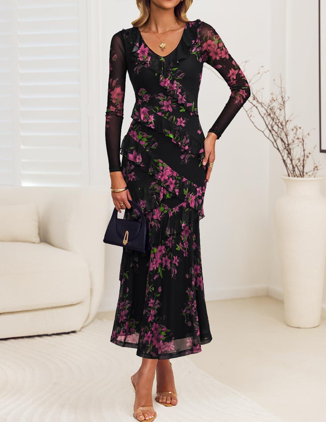 imageZESICA Womens Fall Floral Long Sleeve Maxi Dress 2026 Boho Bodycon V Neck Ruffle Wedding Party Long DressesBlack
