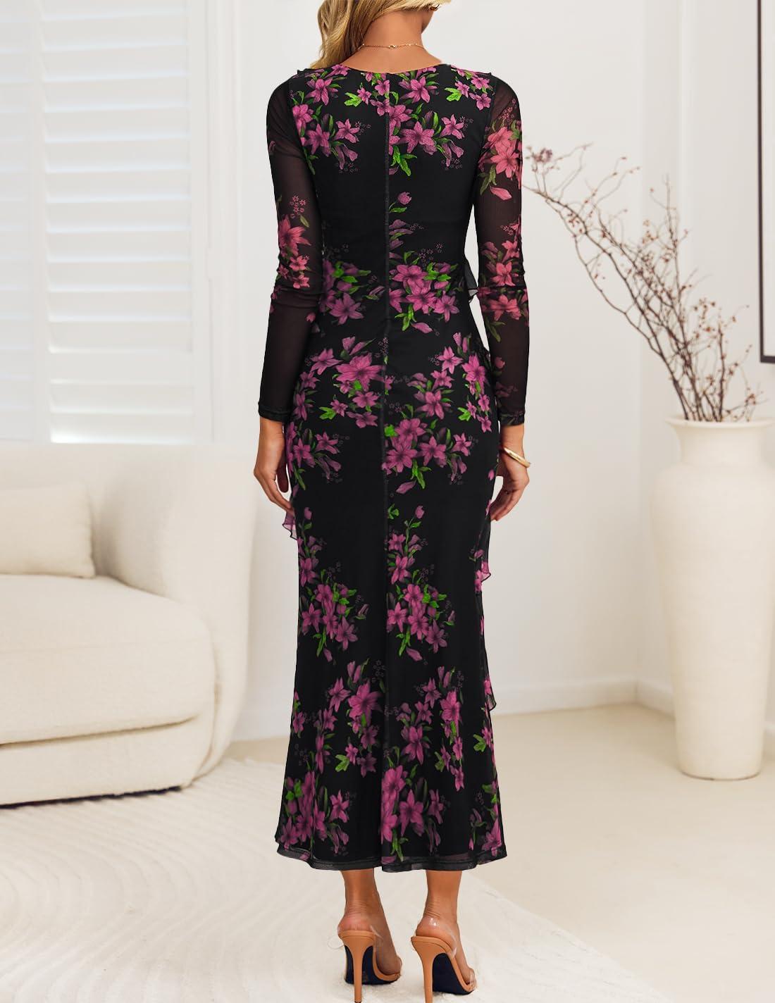 imageZESICA Womens Fall Floral Long Sleeve Maxi Dress 2026 Boho Bodycon V Neck Ruffle Wedding Party Long DressesBlack