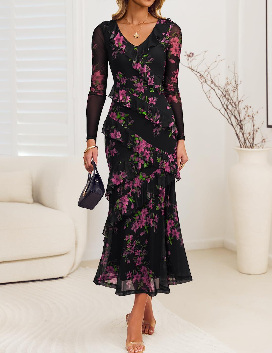 imageZESICA Womens Fall Floral Long Sleeve Maxi Dress 2026 Boho Bodycon V Neck Ruffle Wedding Party Long DressesBlack