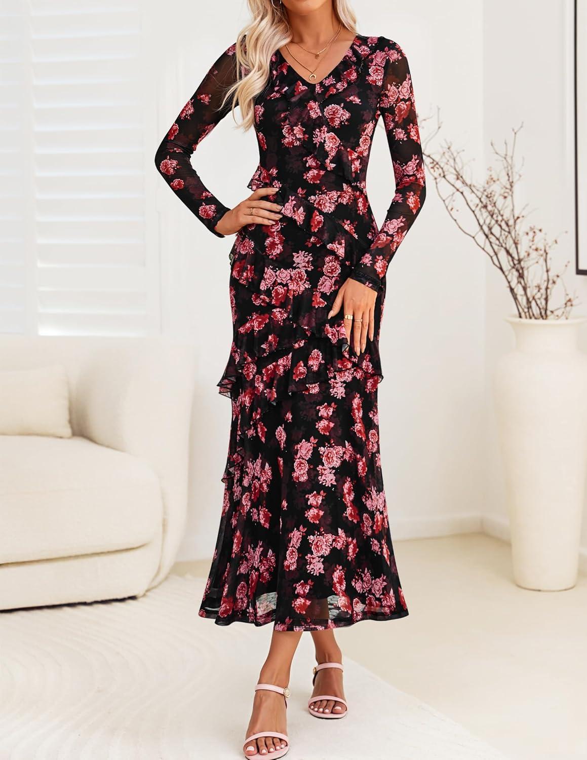 imageZESICA Womens Fall Floral Long Sleeve Maxi Dress 2026 Boho Bodycon V Neck Ruffle Wedding Party Long DressesBlack Rose